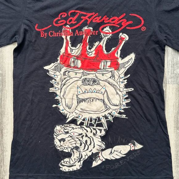 Y2K Ed Hardy Christian Audigier Crowned Bulldog Rhinestone T Shirt Size M - Picture 2 of 6
